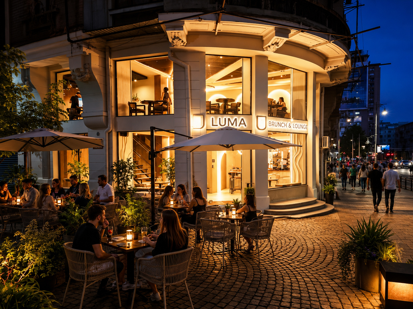 Exteriorul LUMA Brunch & Lounge, Calea Victoriei 2, seara